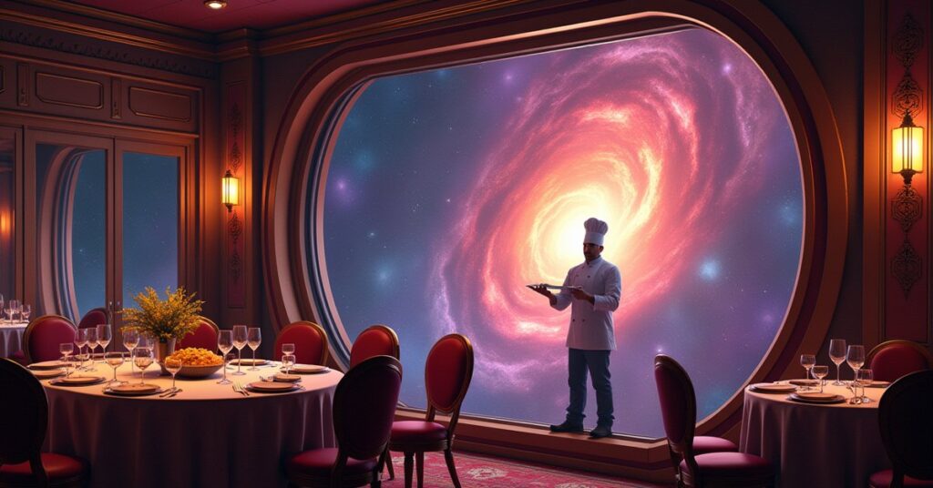 A lavish starship banquet hall with an exotic feast and a nebula view in Star Trek Fleet Command