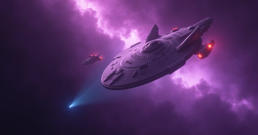 A starship defending a Romulan vessel from pirates near a nebula in Star Trek Fleet Command