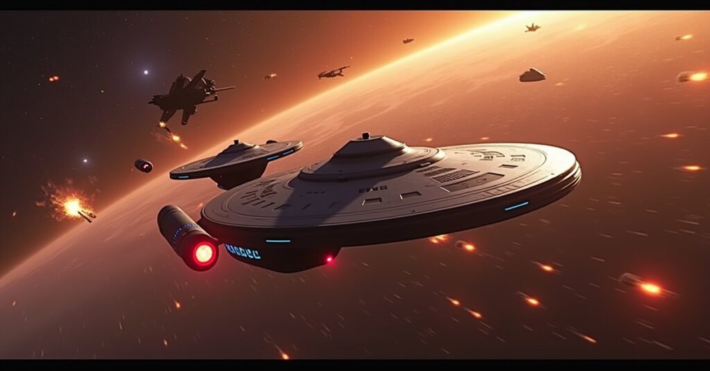 A Federation starship escorting another vessel through hostile space in Star Trek Fleet Command