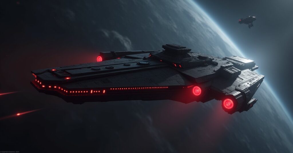 A dark red-lit starship facing a lone challenger in a remote system in Star Trek Fleet Command