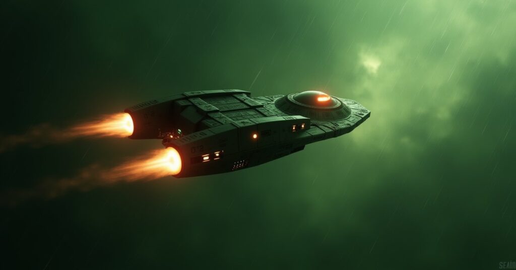 A Ferengi ship escorted away from an ambush above Ferenginar in Star Trek Fleet Command