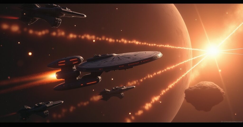 A Federation starship breaking up a Klingon fleet in Star Trek Fleet Command