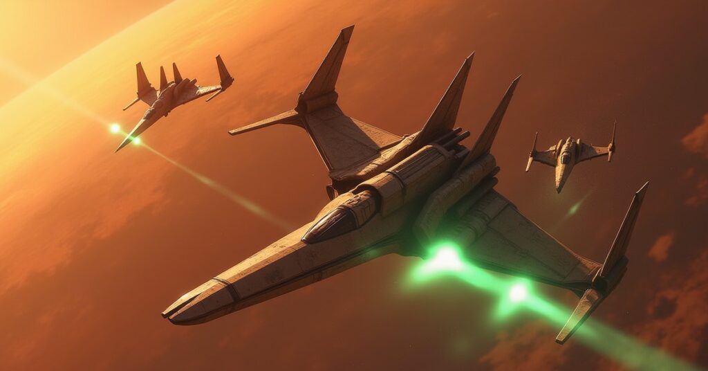 A Klingon warship battling two Romulan warbirds over a rust-colored planet in Star Trek Fleet Command