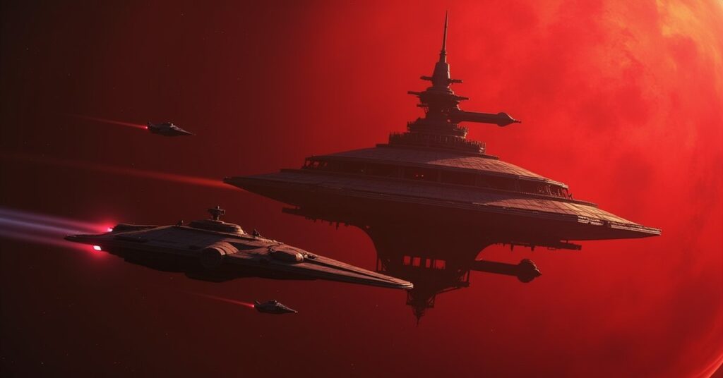 An independent starship approaches a fortified Klingon base shadowed by a Romulan ship in Star Trek Fleet Command
