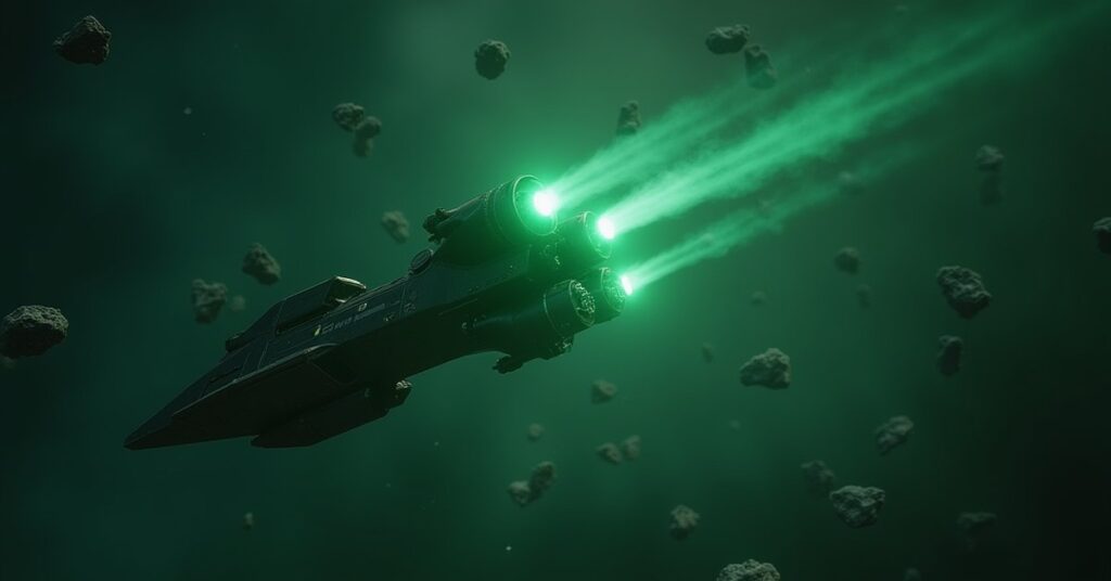 A Romulan warbird attacking pirate ships among asteroids in Star Trek Fleet Command
