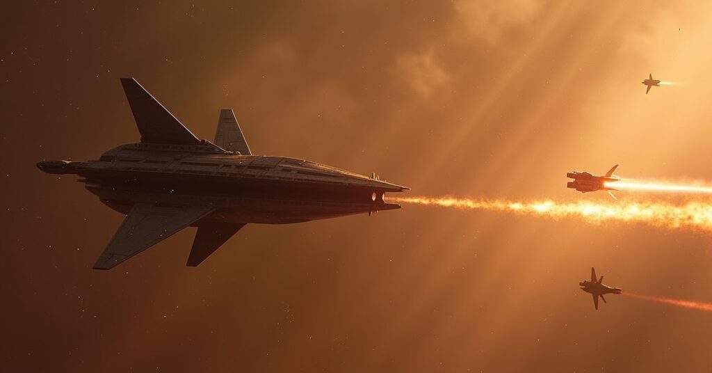 A Klingon interceptor firing a glowing weapon at a raider ship in Star Trek Fleet Command