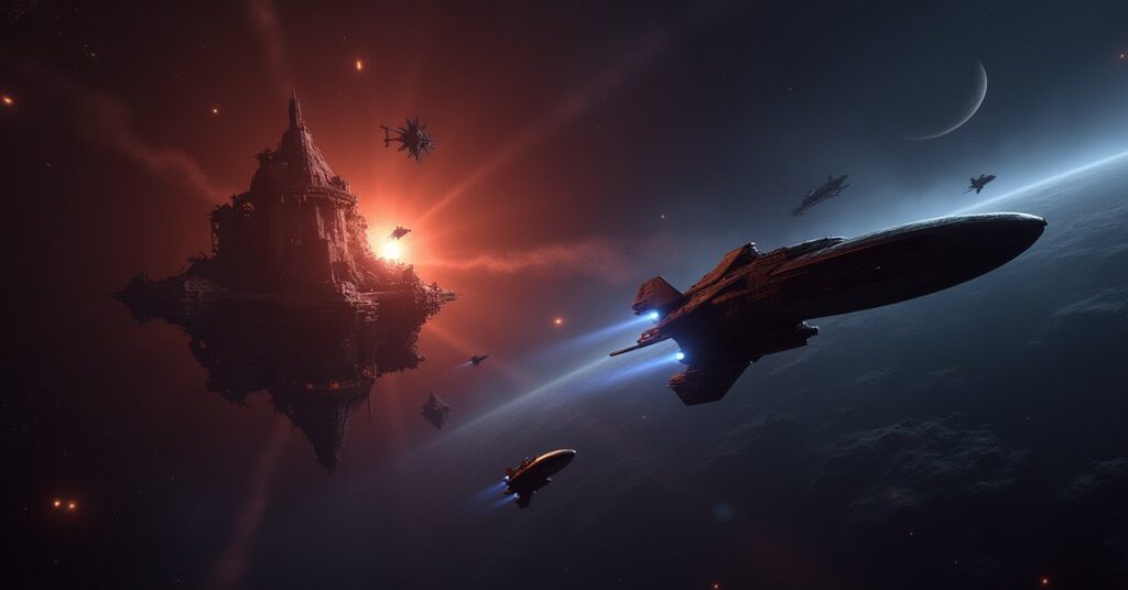 A starship defending outlaw bases from Eclipse ships in Star Trek Fleet Command