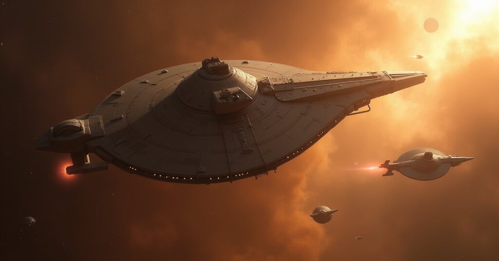 A starship confronting a rogue Starfleet training ship in a dusty nebula in Star Trek Fleet Command