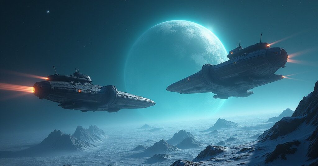 A starship facing two Nausicaan warships above an icy planet in Star Trek Fleet Command