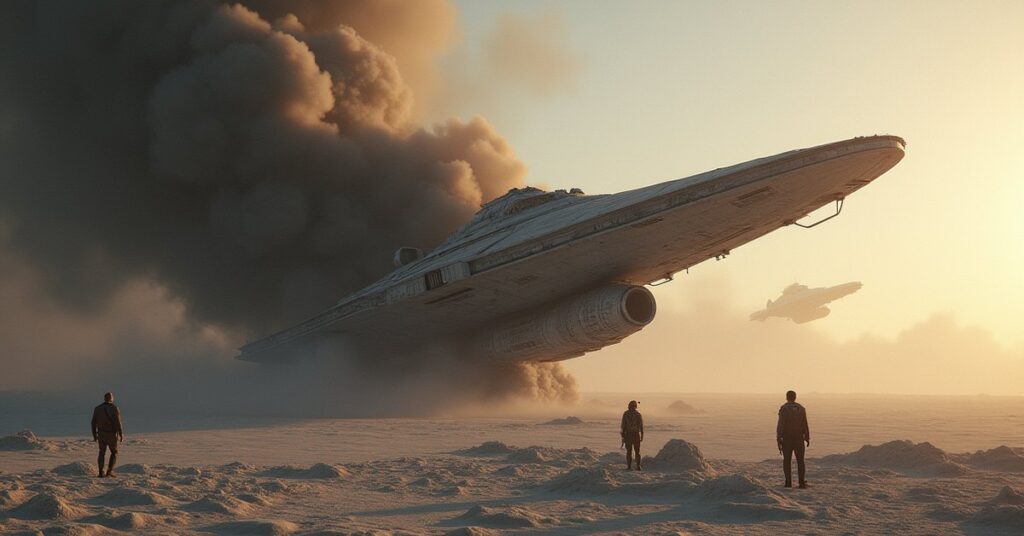 A Starfleet ship scanning a crashed Klingon vessel on a pale moon during a rescue mission