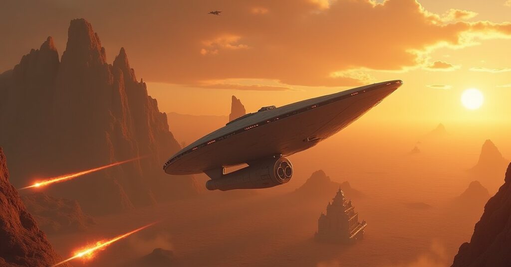 Federation ships defending a desert world from Klingon warships in Star Trek Fleet Command