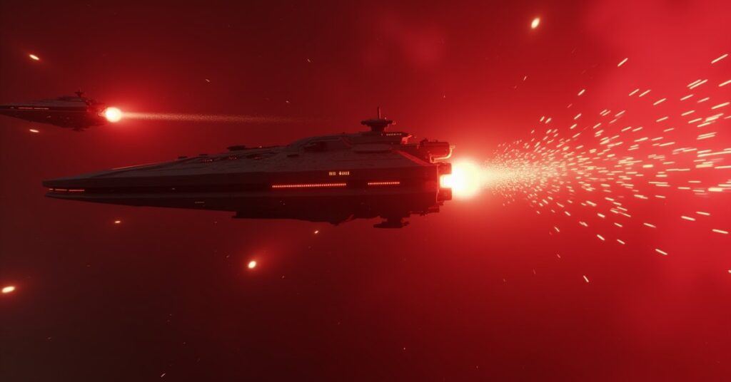 A starship locking a tractor beam onto a disabled Augment warship in Star Trek Fleet Command