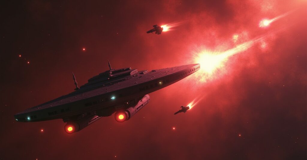 Shuttles fleeing a prison station on red alert as a starship gives chase in Star Trek Fleet Command