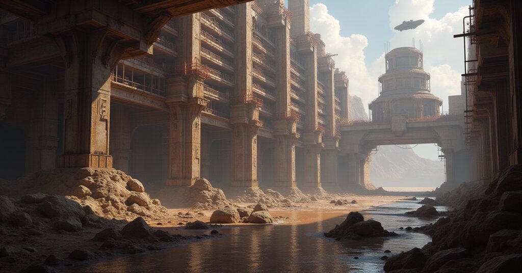 A vast library under construction on a planet as a Klingon raider approaches overhead