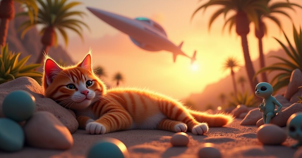 An orange tabby cat in a tropical animal sanctuary under a starship in Star Trek Fleet Command