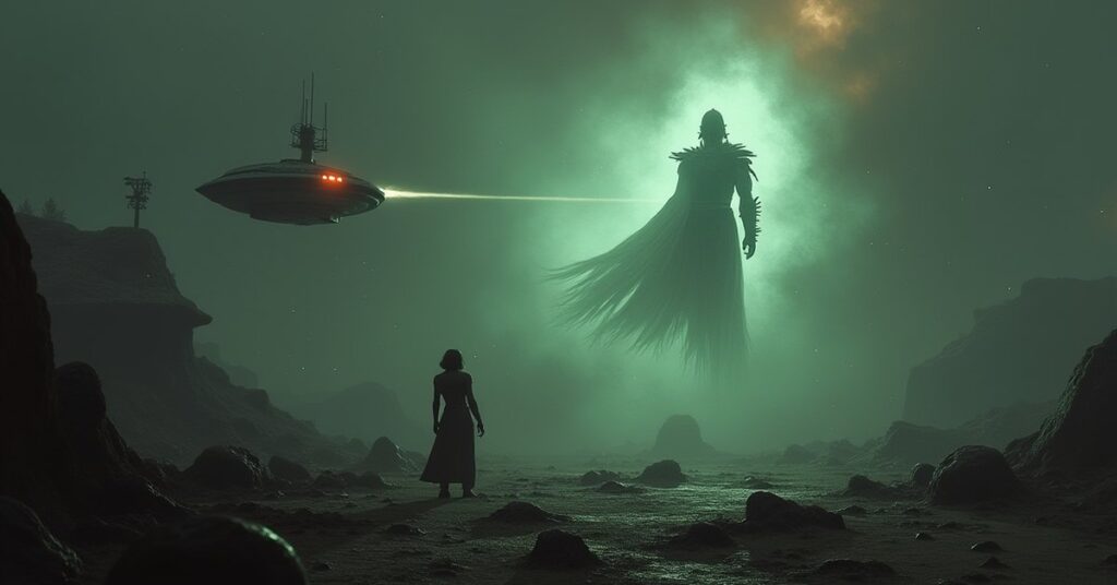 A beacon projecting a ghostly Klingon warrior hologram over battlefield debris in Star Trek Fleet Command