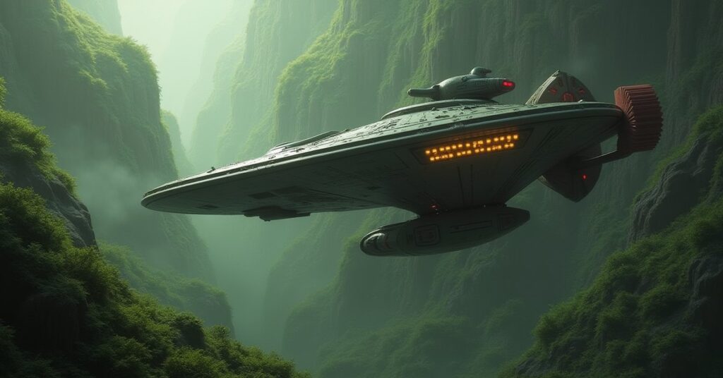 A Federation starship facing a Gorn guard ship above a jungle world in Star Trek Fleet Command