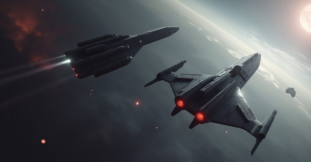 Two Vulcan extremist ships attacking a starship near a space station in Star Trek Fleet Command
