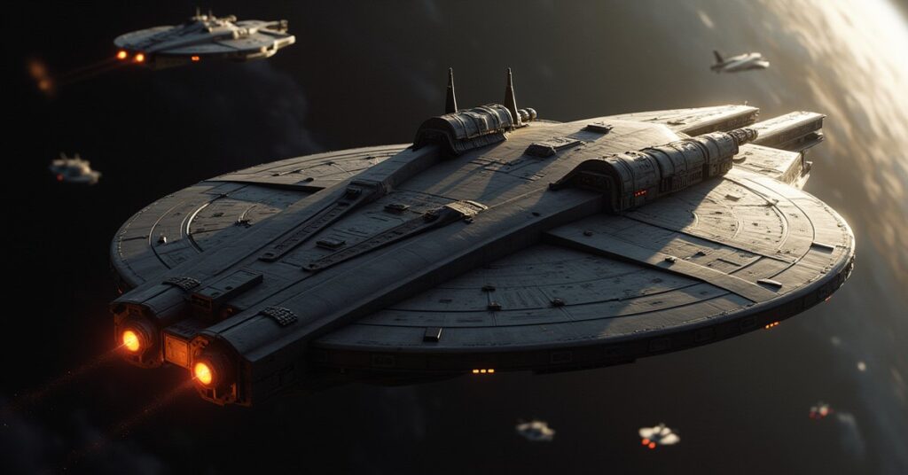 A starship defending a Klingon prison transport from Romulan warships in Star Trek Fleet Command