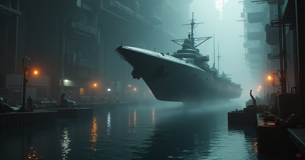A Federation ship faces a security vessel beside a cluttered orbital shipyard dock