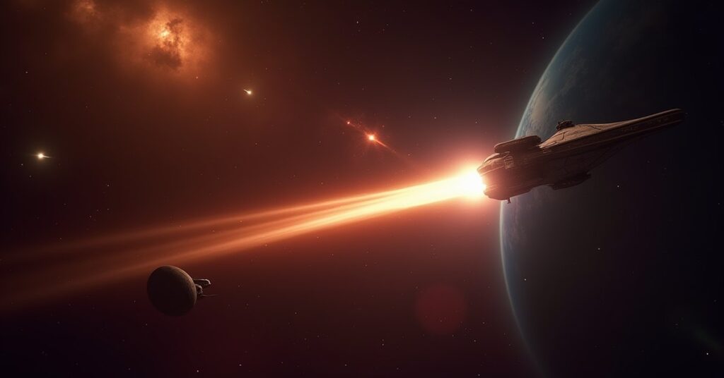 A starship following a glowing radiation trail toward a Vulcan world with a mercenary ship waiting in Star Trek Fleet Command