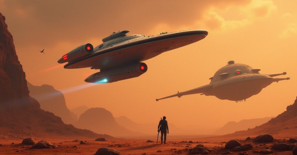 A Federation starship driving off a Gorn warship above a barren planet in Star Trek Fleet Command