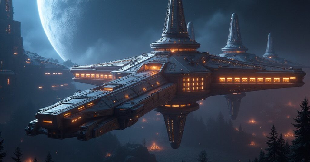 A lit station academy wing with officer quarters and docked starships in Star Trek Fleet Command