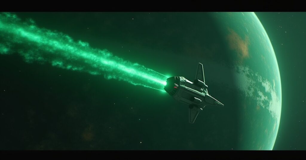 A Starfleet training shuttle caught in an Orion tractor beam above a glowing ionized gas giant