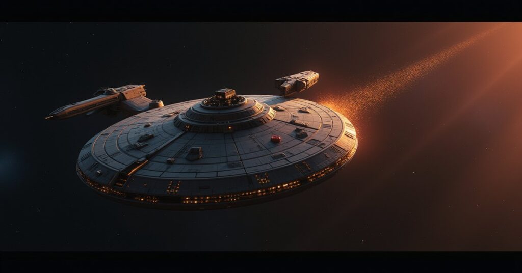 A Federation starship cornering a warlord's damaged ship in Star Trek Fleet Command