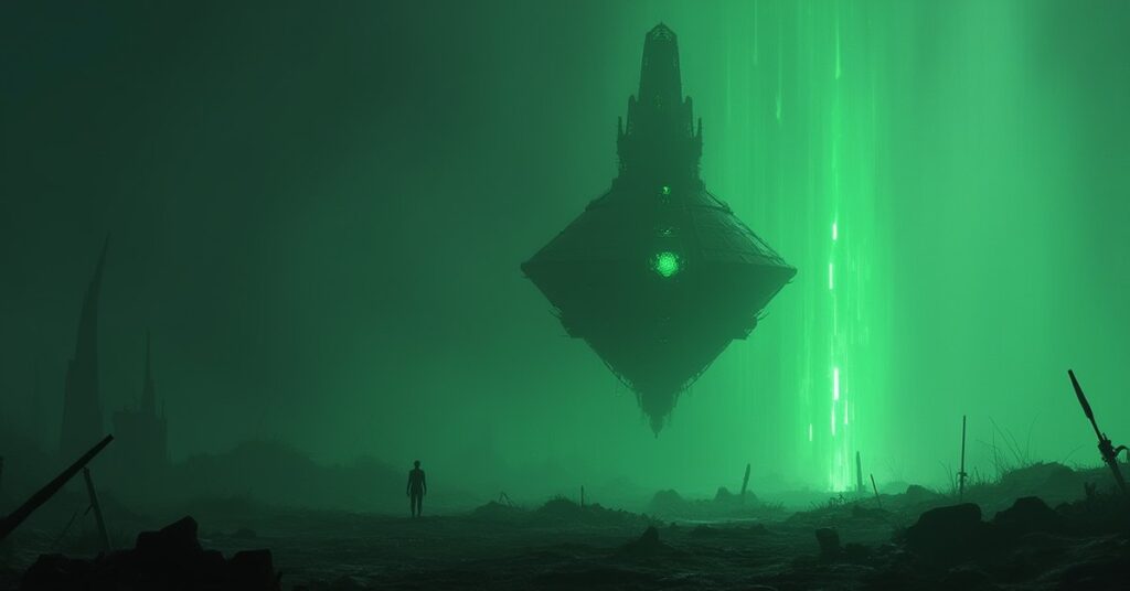 A Federation starship approaches the Borg Queen's Diamond ship in green-lit Borg space