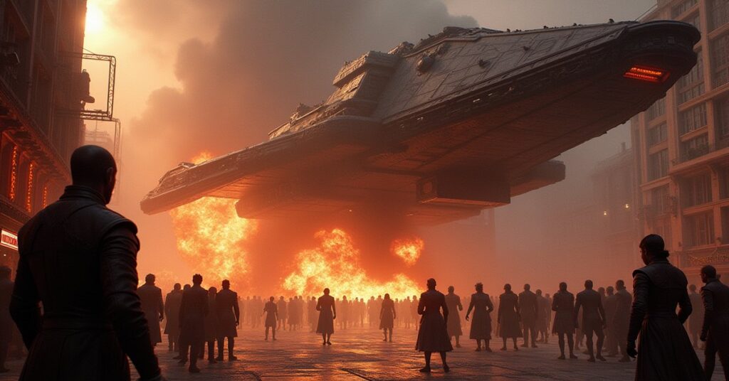 A Klingon warship exploding outside a space tavern as Reman ships watch in Star Trek Fleet Command