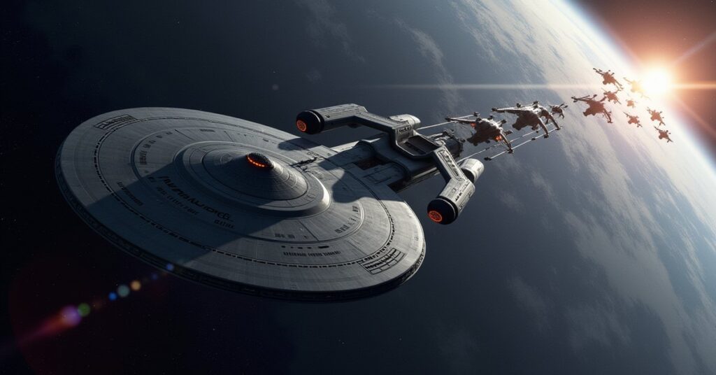 The Enterprise docked at a Federation starbase with a fleet holding the border in Star Trek Fleet Command
