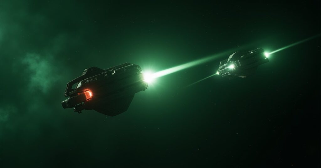 A starship firing on a green-glowing Borg vessel in Star Trek Fleet Command