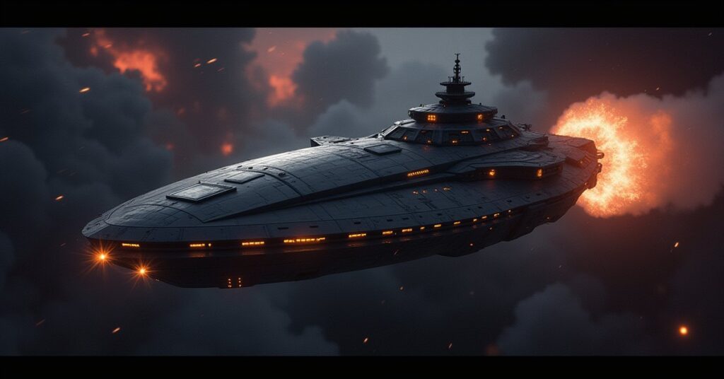 The U.S.S. Athena beside a swirling temporal well as a starship fires a glowing torpedo into it