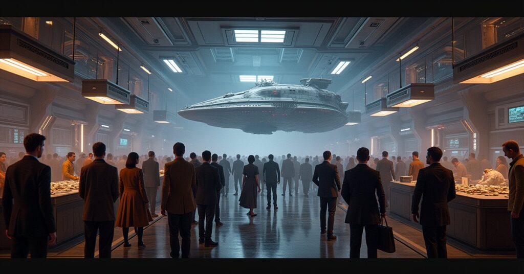 A busy starship trade expo on a space station as a Ferengi vessel slips away