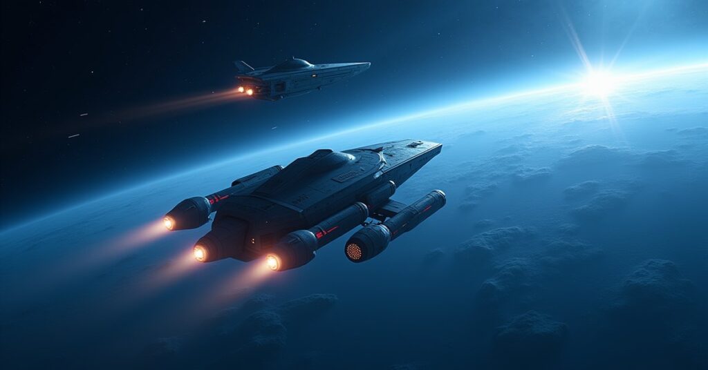 A Federation ship escorting Andorian delegates past a Suliban ship in Star Trek Fleet Command