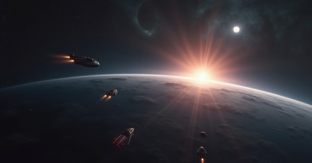 An Orion fleet gathered above a lonely planet with a starship joining in Star Trek Fleet Command