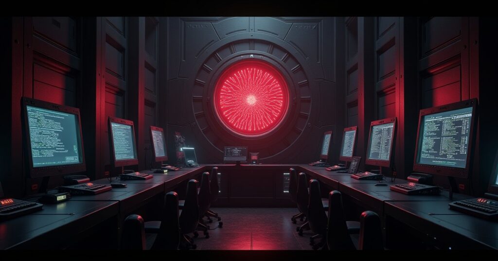 A pulsing red AI core in a dark Klingon laboratory in Star Trek Fleet Command