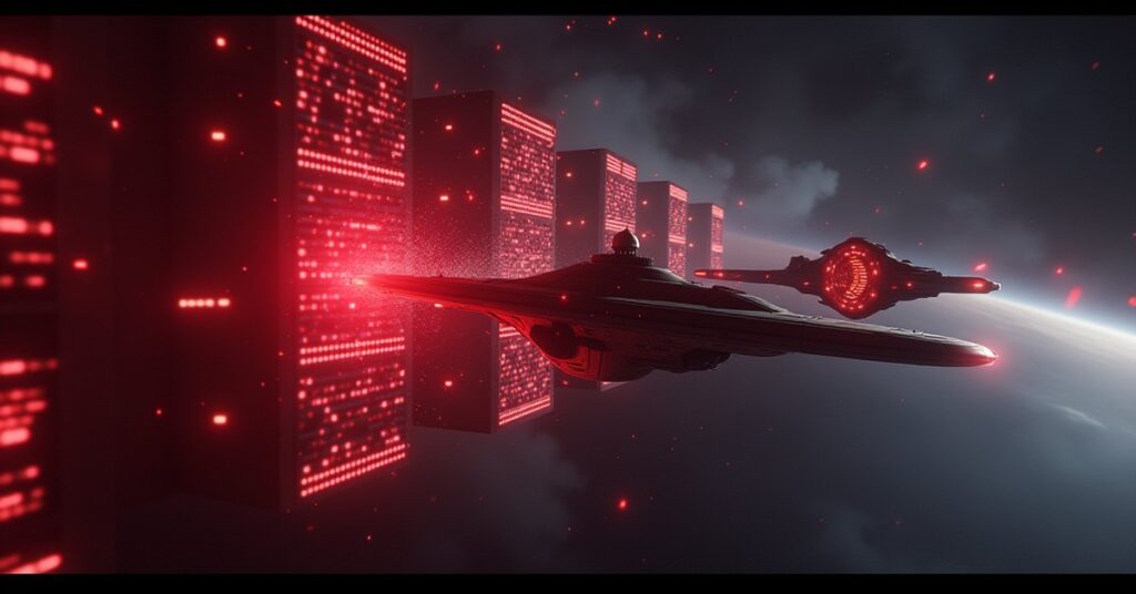 A starship approaching a glowing orbital server farm guarded by a hijacked vessel in Star Trek Fleet Command