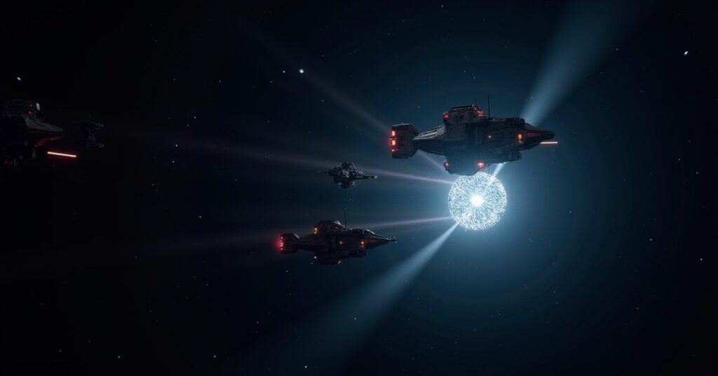 A lone starship facing three hostile ships controlled by a rogue AI in Star Trek Fleet Command