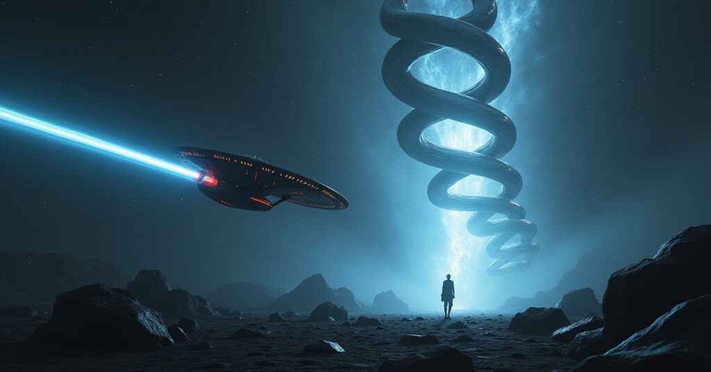 Starfleet ship following a warp trail toward a Suliban helix structure in dark Romulan space