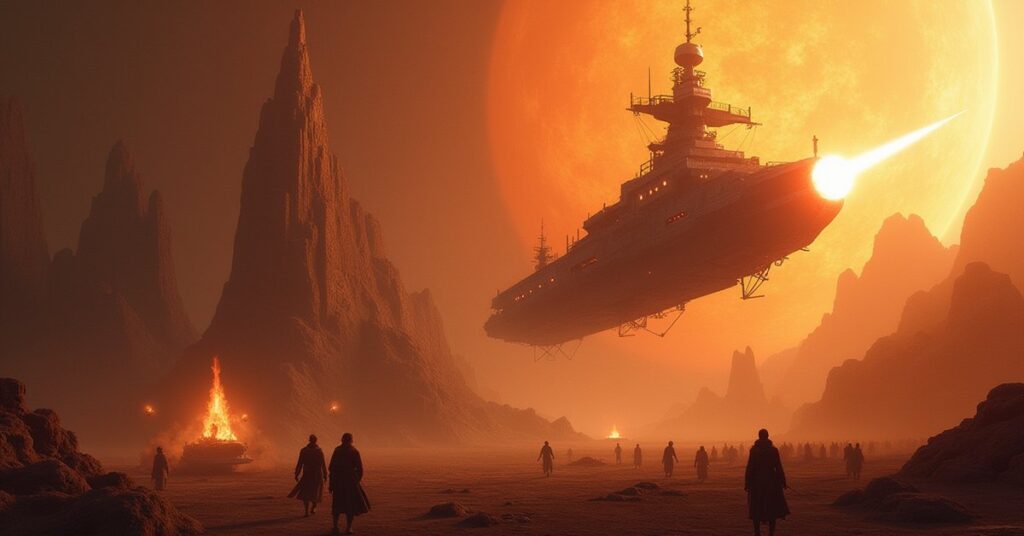 A starship battling a mercenary leader above Sunspot drydocks in Star Trek Fleet Command