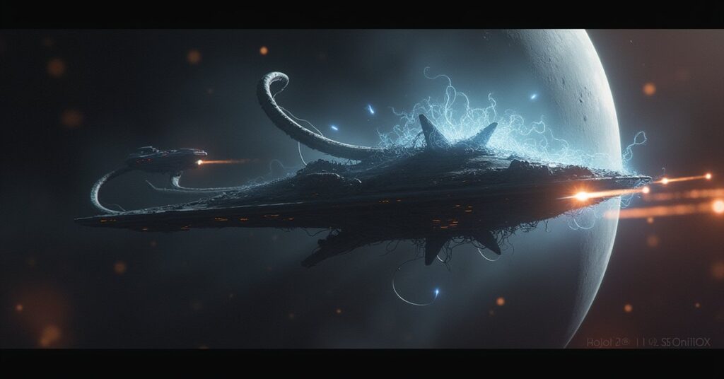 A Romulan warship controlled by a glowing alien creature firing at a starship in Star Trek Fleet Command