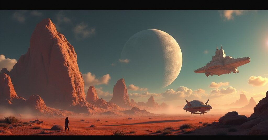 A hermit's shuttle leaves a remote asteroid dwelling escorted by a starship