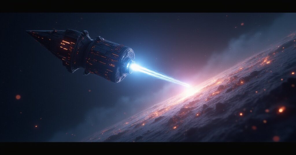 A starship following a glowing probe into a swirling void in Star Trek Fleet Command