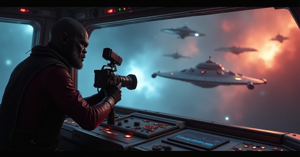 A Klingon director records a space battle with holo-cameras as Romulan ships fire in a nebula
