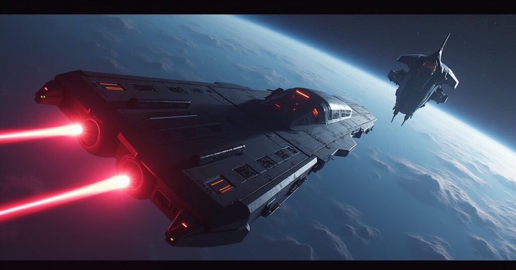 A starship above a lit colony world with a dark cult warship behind it in Star Trek Fleet Command
