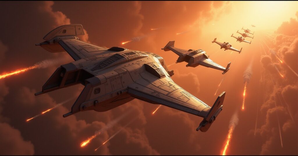 Romulan warbirds and a starship attacking a huge Gorn fleet in Star Trek Fleet Command