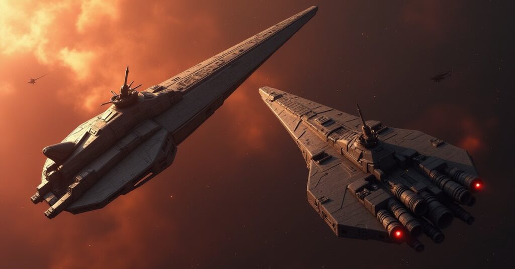 A starship moving between Klingon ships and a Vulcan transport in Star Trek Fleet Command