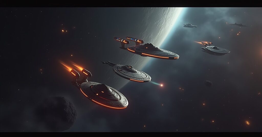 Federation, Romulan and Klingon ships gathering to face a pirate flagship in Star Trek Fleet Command